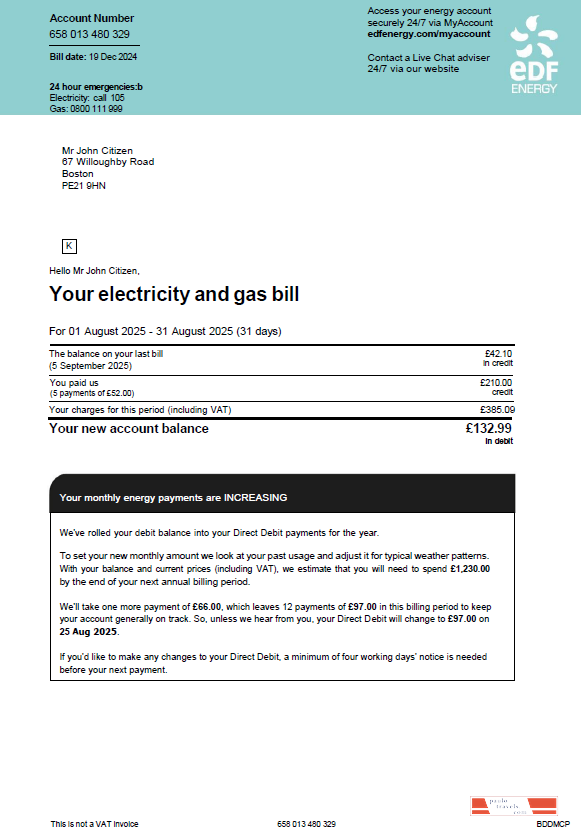 France EDF utility bill template in Word and PDF formats, version 2